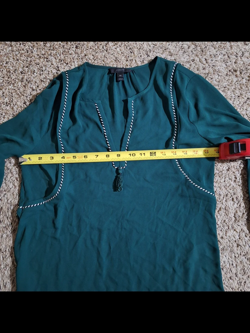 J. Crew Forest Green Braided Trim Tassel Tunic Blouse (Size 00)